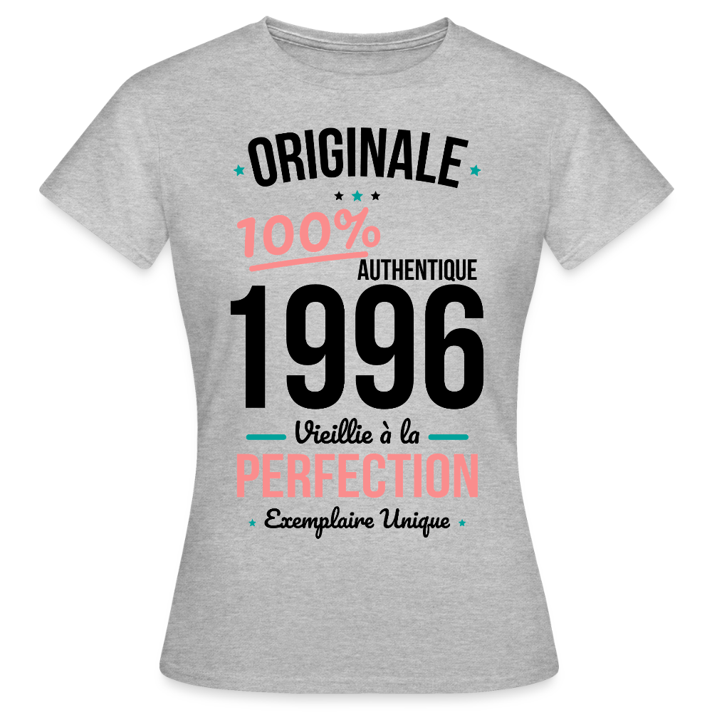 T-shirt anniversaire 30 ans Femme coloris clair – Originale 1996 Authentique - gris chiné