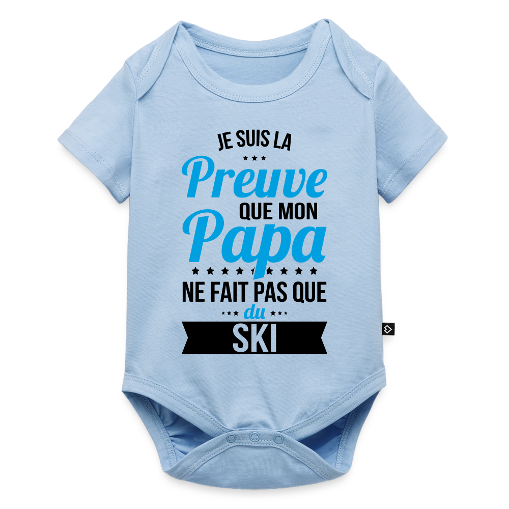 Body Bébé bio manches courtes - Mon Papa Ne Fait Pas Que Du Ski - bleu clair