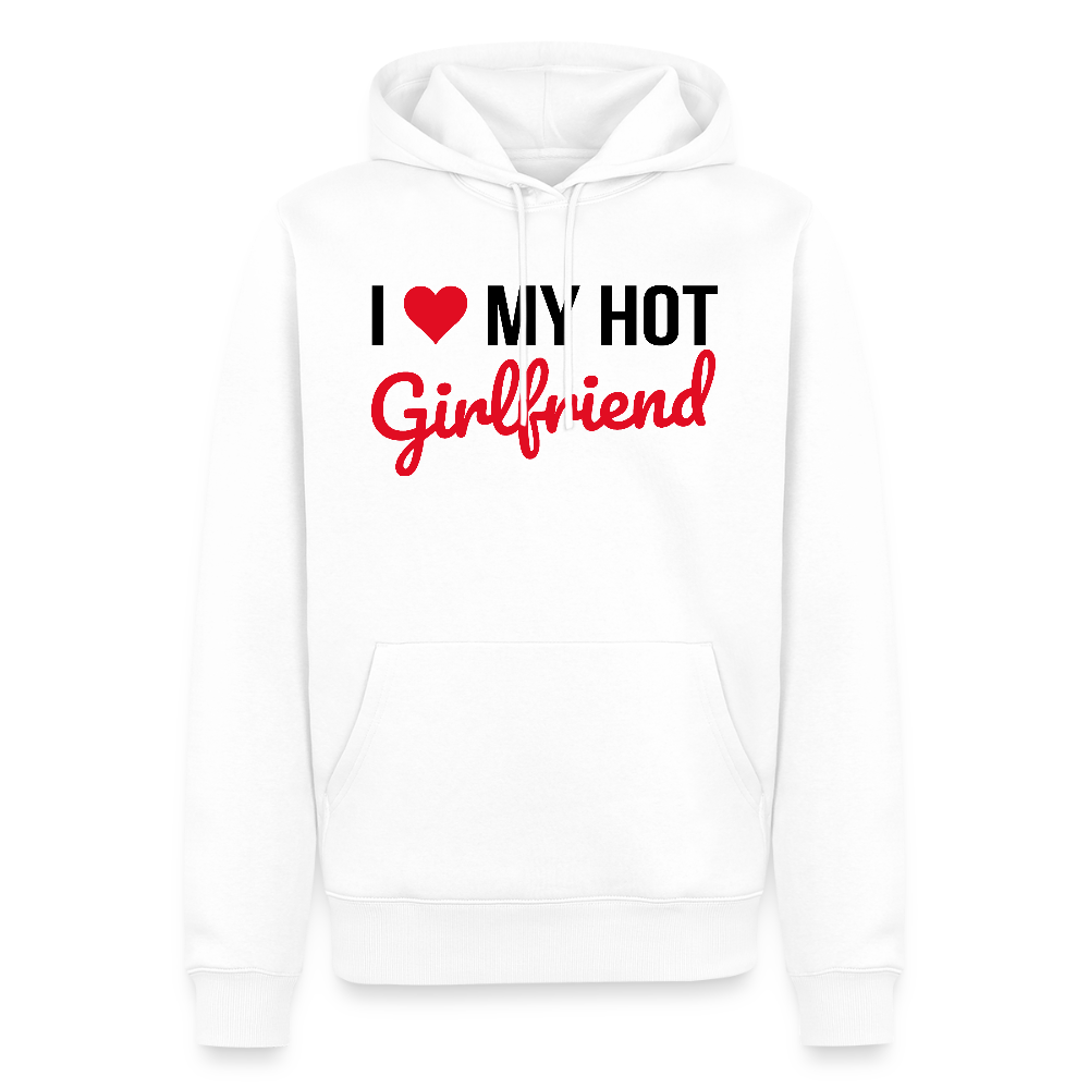 Sweat à Capuche Premium Bio Coloris Clair Homme “I Love My Hot Girlfriend” – Idée cadeau Saint-Valentin - blanc