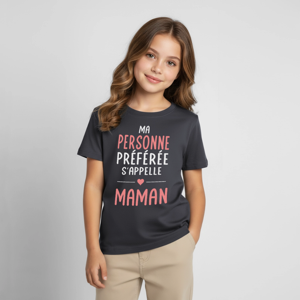 T-shirt enfant texte rose - Ma personne préférée s'appelle Maman - charbon