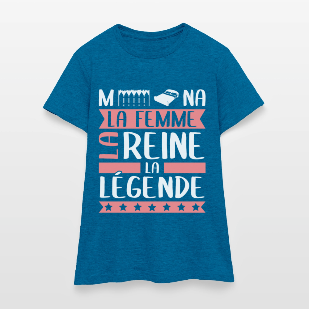 T-shirt femme Mélina rébus – La femme, la reine, la légende - bleu saphir antique chiné