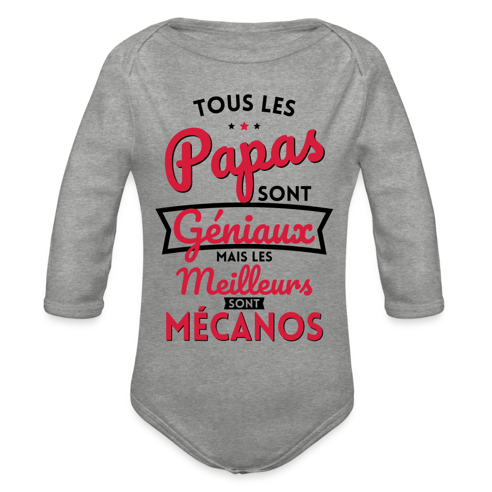 Body Bébé bio manches longues - Papas géniaux - Les meilleurs sont mécanos - gris chiné