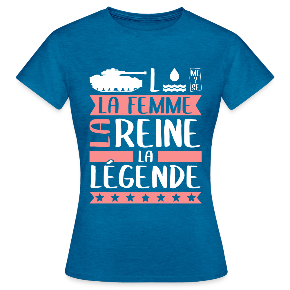 T-shirt femme Charlotte rébus – La femme, la reine, la légende - bleu saphir antique chiné