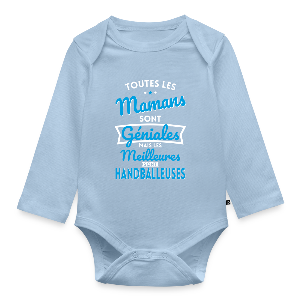 Body Bébé bio manches longues - Mamans  géniales - Les meilleures sont handballeuses - bleu clair