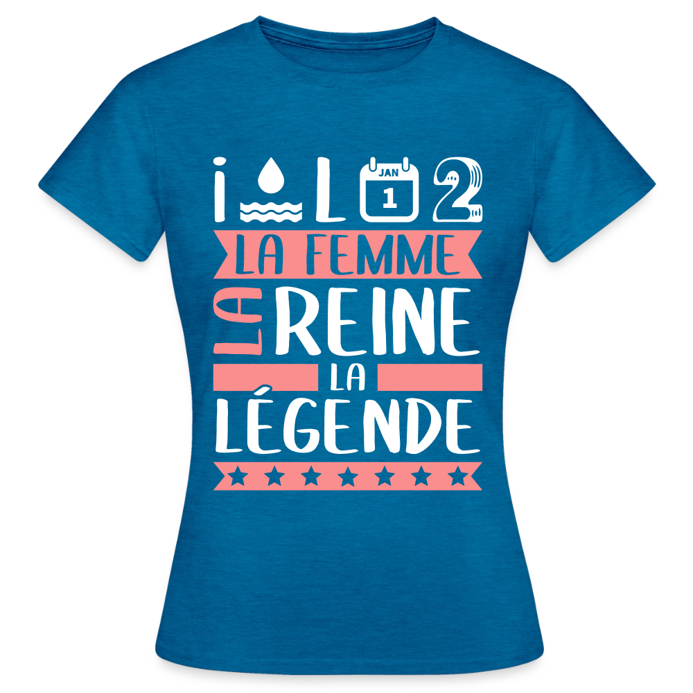 T-shirt femme Yolande rébus – La femme, la reine, la légende - bleu saphir antique chiné