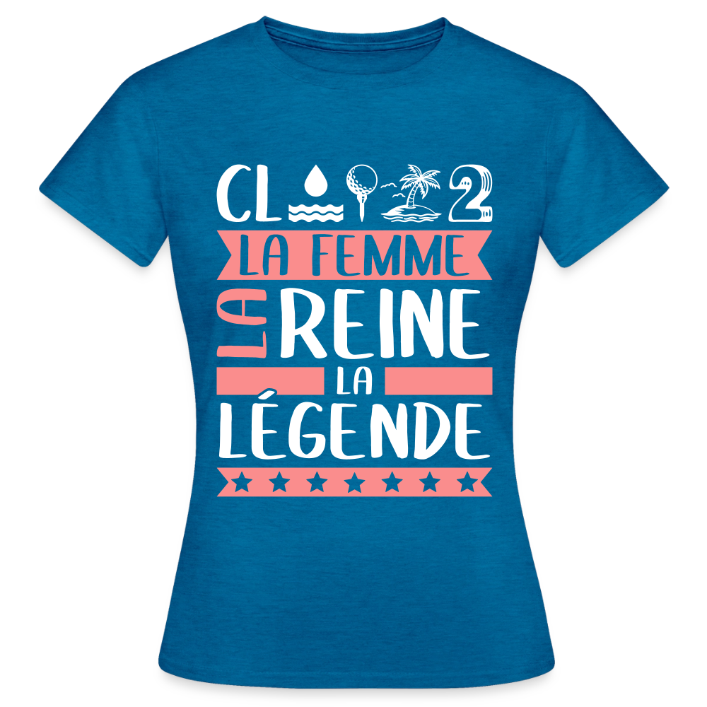 T-shirt femme Clothilde rébus – La femme, la reine, la légende - bleu saphir antique chiné