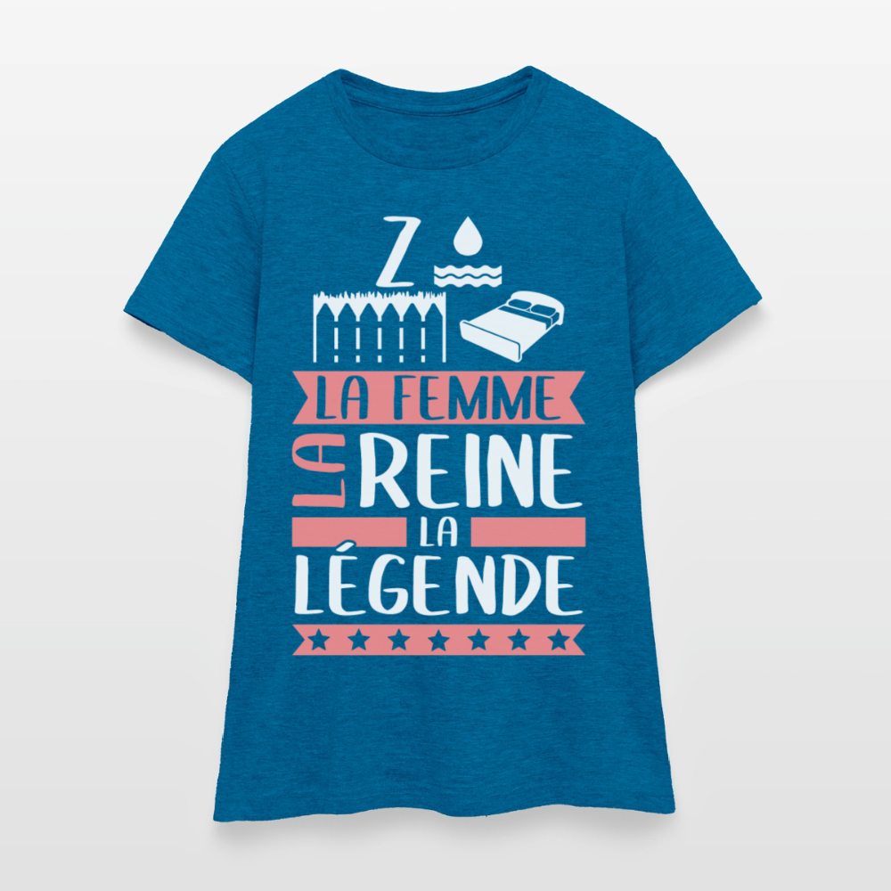 T-shirt femme Zoélie rébus – La femme, la reine, la légende - bleu saphir antique chiné