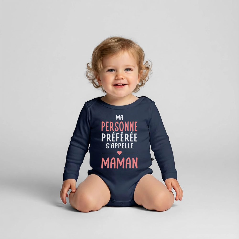 Body bébé bio manches longues texte rose - Ma personne préférée s’appelle Maman - bleu marine