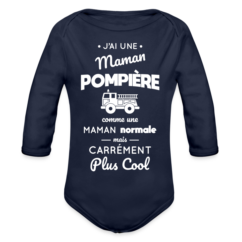 Body Bébé bio manches longues - J'ai une maman pompière - marine foncé