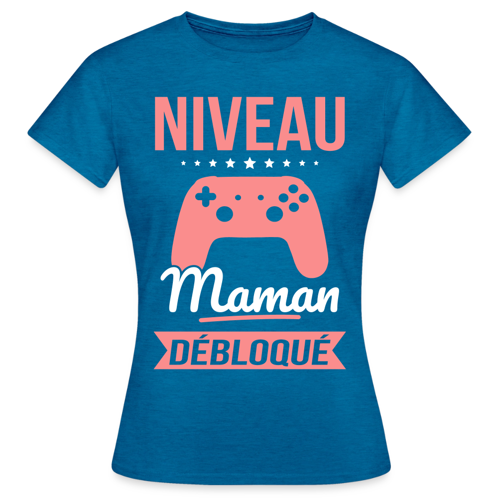 T-shirt femme - Niveau maman débloqué - bleu saphir antique chiné