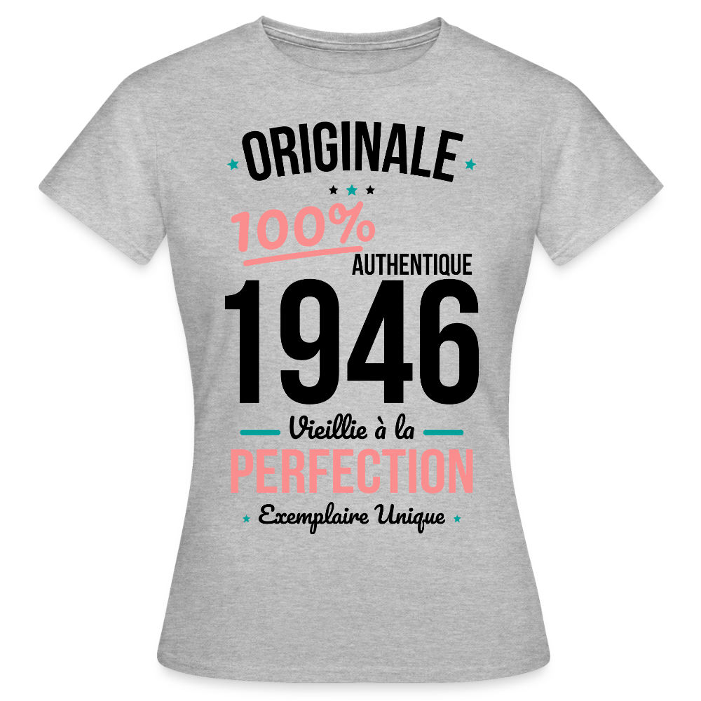 T-shirt anniversaire 80 ans Femme coloris clair – Originale 1946 Authentique - gris chiné