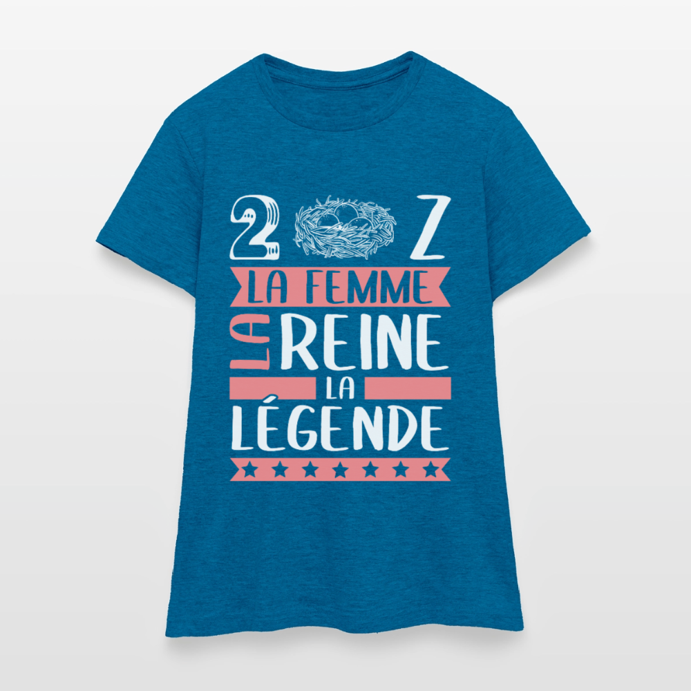 T-shirt femme Denise rébus – La femme, la reine, la légende - bleu saphir antique chiné
