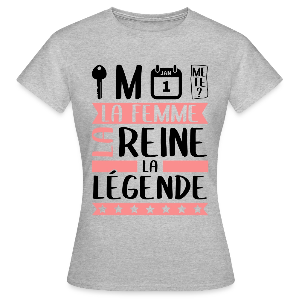 T-shirt femme coloris clair Clémence en rébus – La femme, la reine, la légende - gris chiné