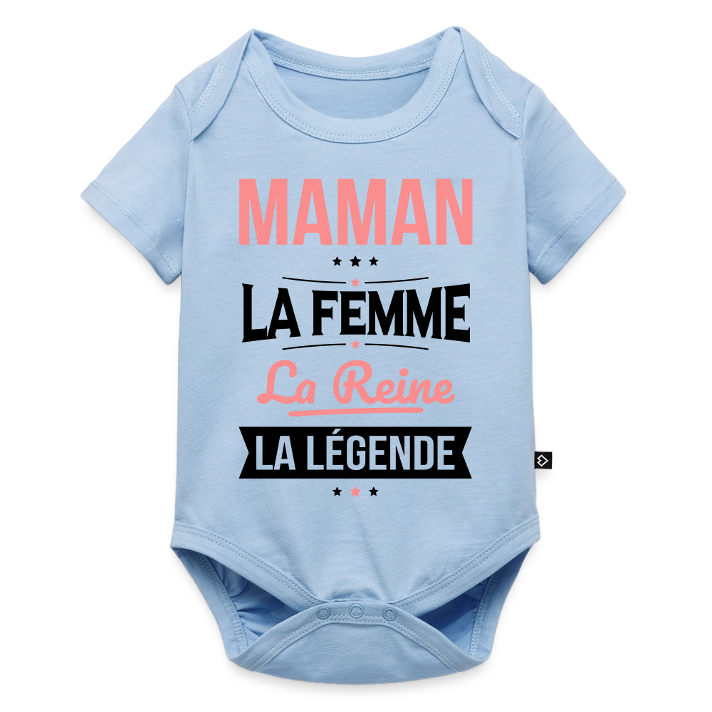 Body bébé bio manches courtes coloris clair motif rose - Maman, femme, reine, légende - bleu clair
