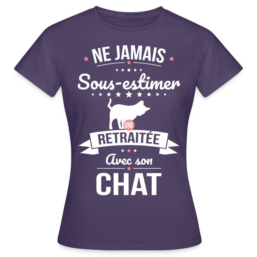 T-shirt Femme - Ne jamais sous-estimer une retraitée avec son chat - violet foncé
