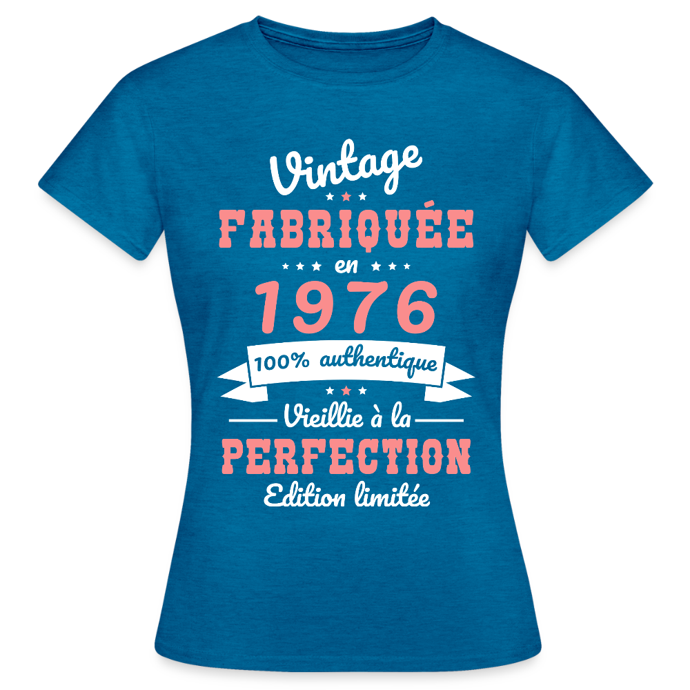 T-shirt anniversaire femme 50 ans – Vintage 1976 - bleu saphir antique chiné