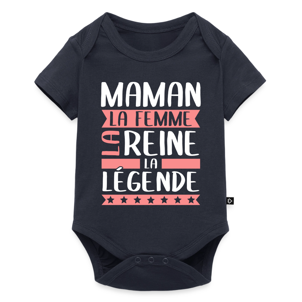 Body bébé bio manches courtes motif rose - Maman, la femme, la reine, la légende - bleu marine