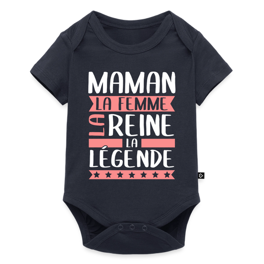 Body bébé bio manches courtes motif rose - Maman, la femme, la reine, la légende - bleu marine