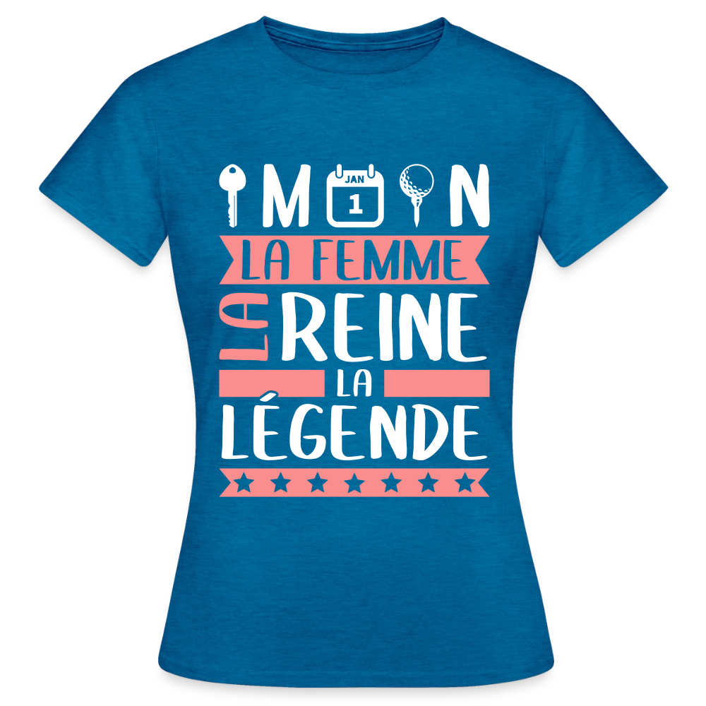 T-shirt femme Clémentine rébus – La femme, la reine, la légende - bleu saphir antique chiné