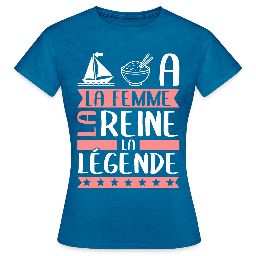 T-shirt femme Maria rébus – La femme, la reine, la légende - bleu saphir antique chiné