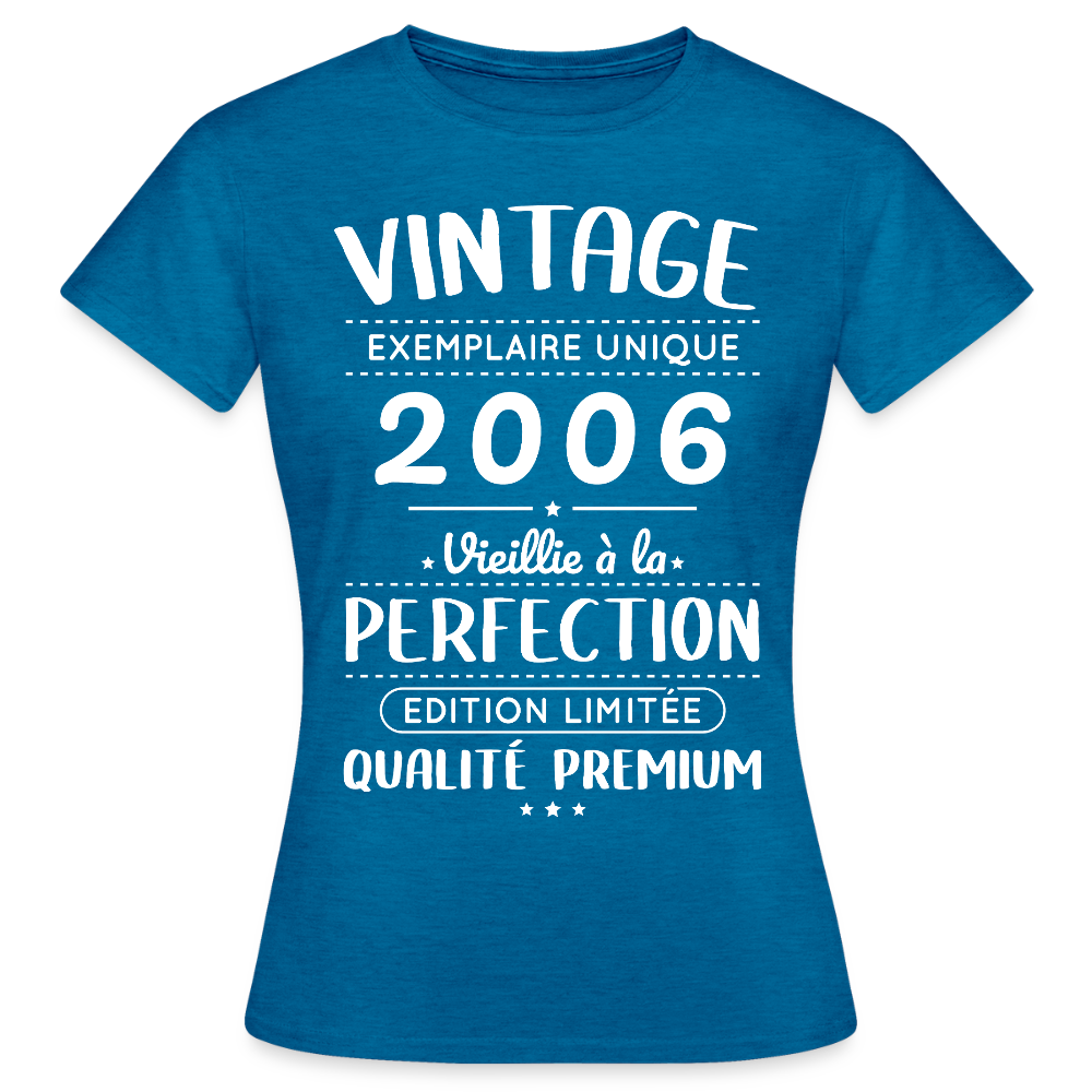 T-shirt anniversaire femme 20 ans – Vintage 2006 – Perfection - bleu saphir antique chiné