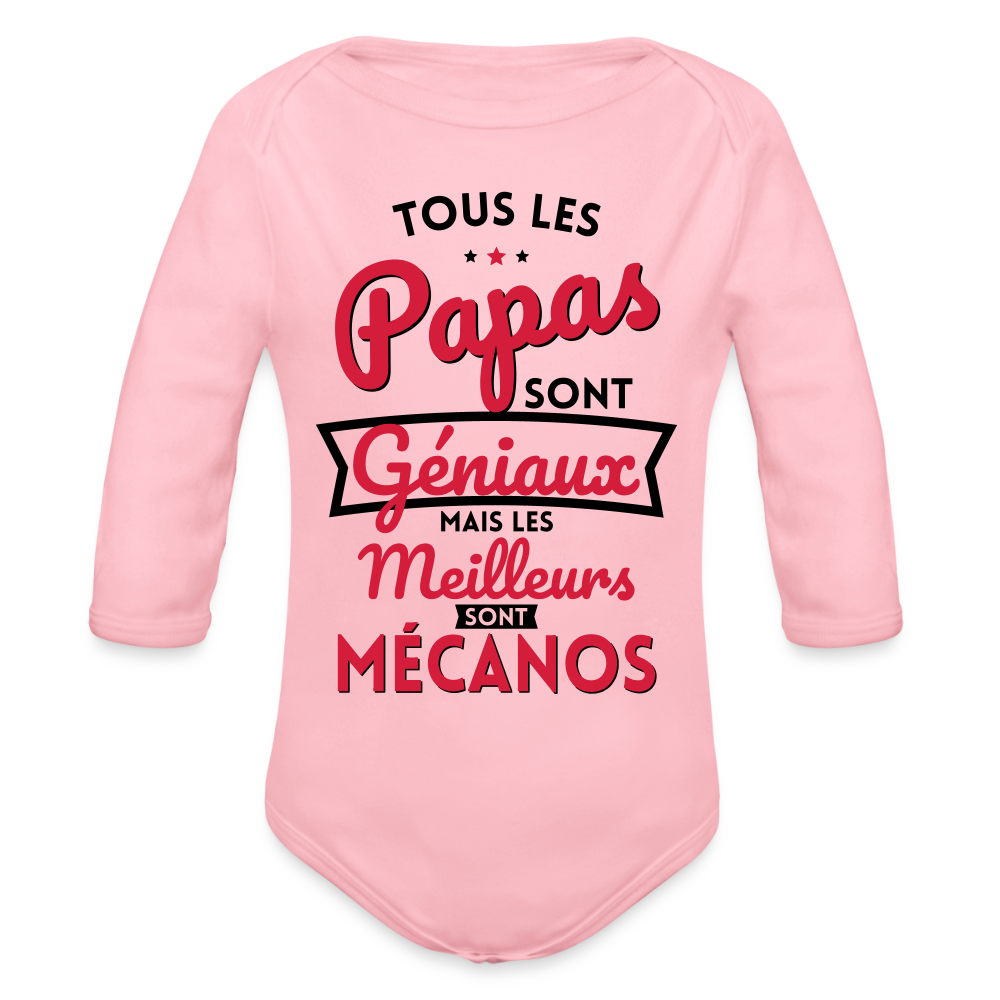 Body Bébé bio manches longues - Papas géniaux - Les meilleurs sont mécanos - rose clair