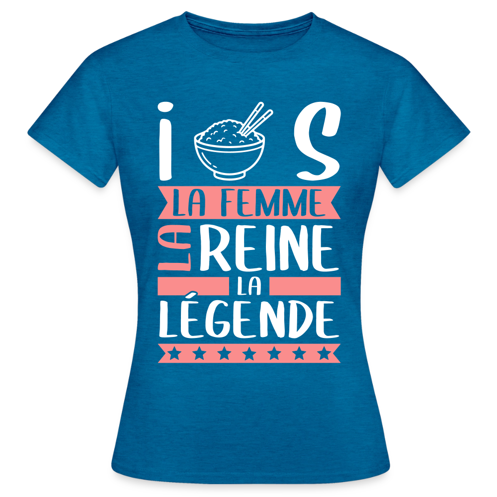T-shirt femme Iris rébus – La femme, la reine, la légende - bleu saphir antique chiné