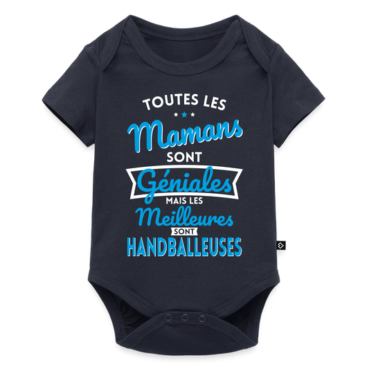 Body Bébé bio manches courtes - Mamans  géniales - Les meilleures sont handballeuses - bleu marine