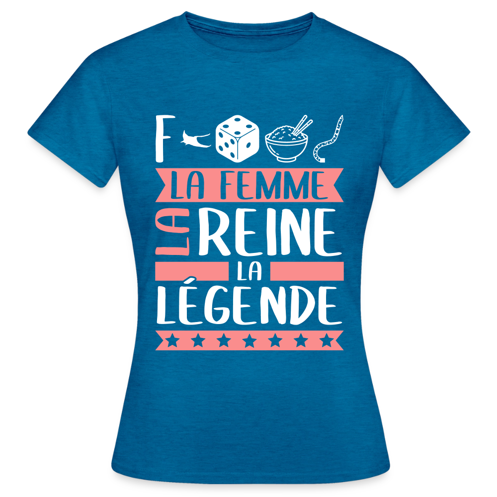 T-shirt femme Frédérique rébus – La femme, la reine, la légende - bleu saphir antique chiné