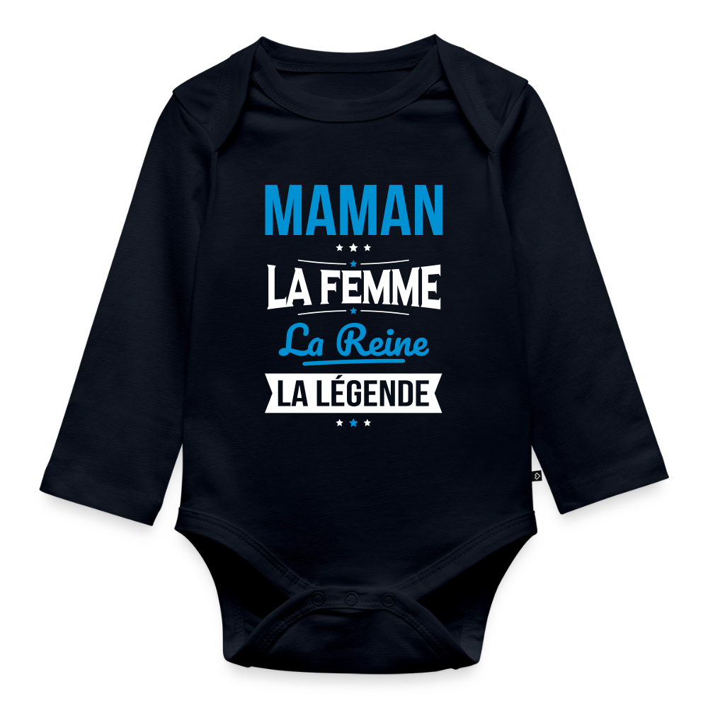 Body bébé bio manches longues - Maman, femme, reine, légende - bleu marine