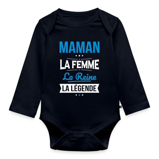 Body bébé bio manches longues - Maman, femme, reine, légende - bleu marine