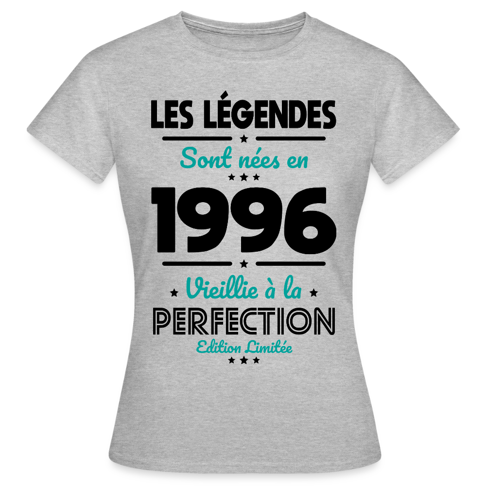 T-shirt anniversaire femme 30 ans couleur claire – Les légendes sont nées en 1996 - gris chiné
