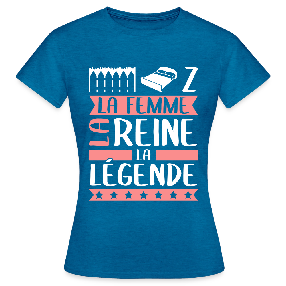 T-shirt femme Elise rébus – La femme, la reine, la légende - bleu saphir antique chiné