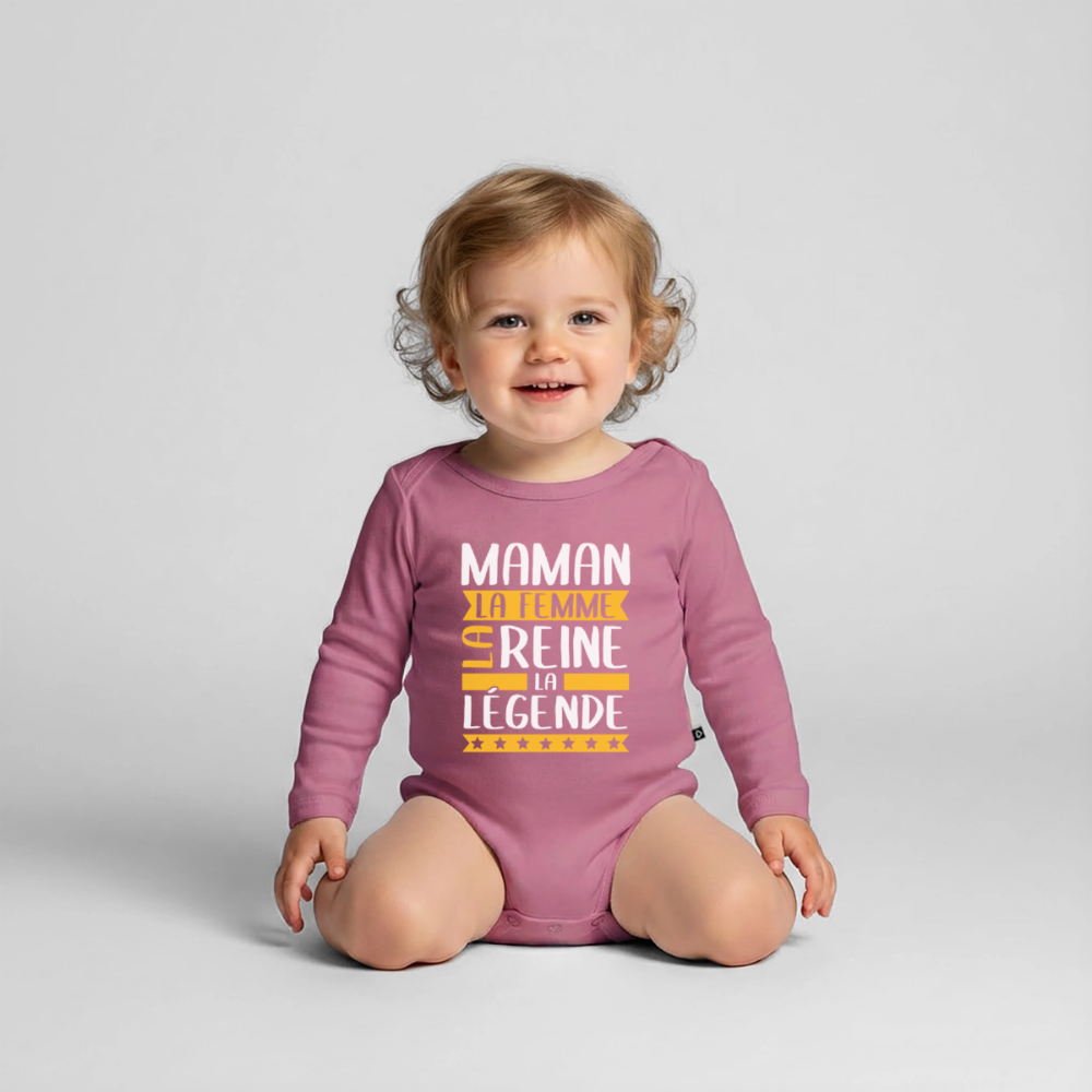 Body bébé bio manches longues - Maman, la femme, la reine, la légende - mauve