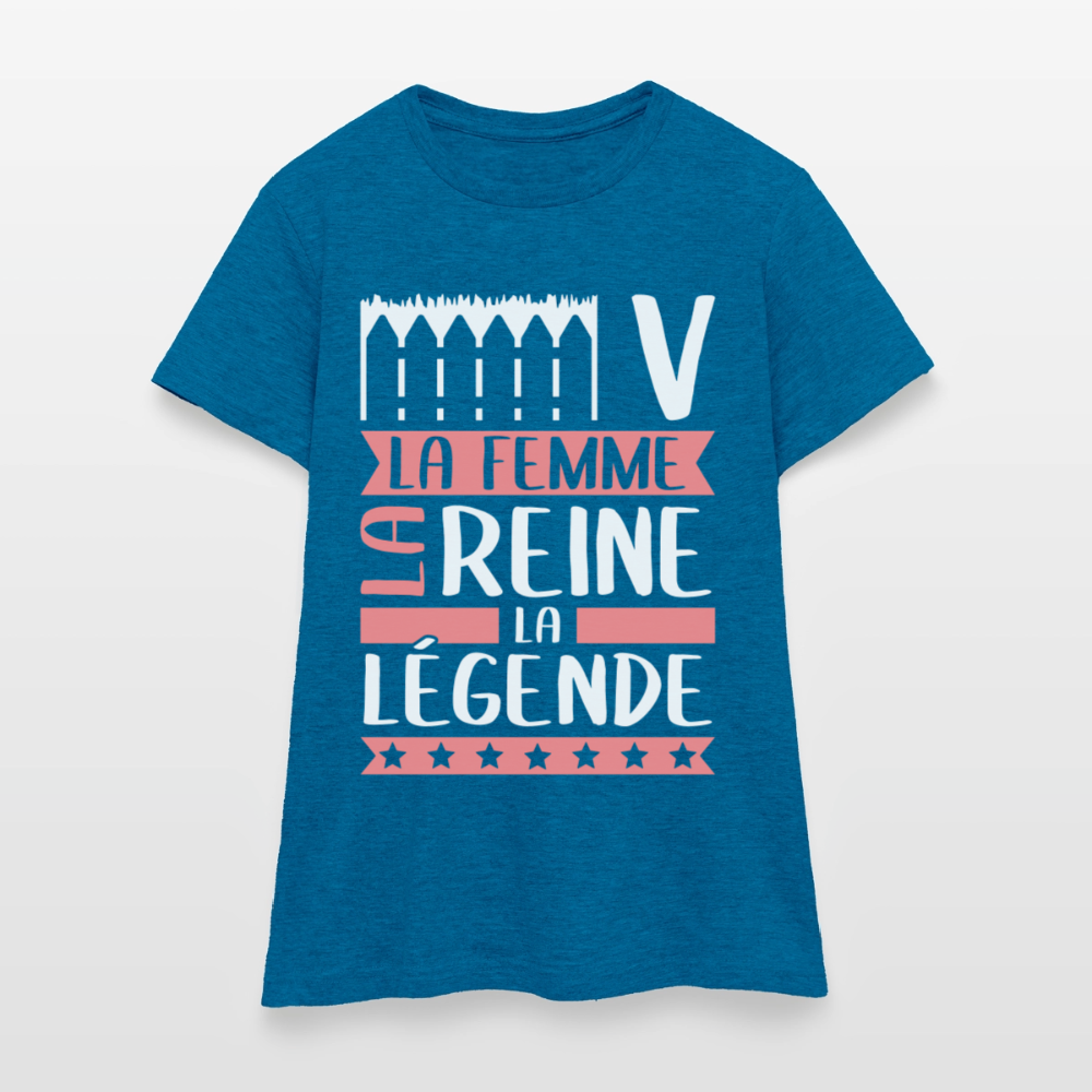 T-shirt femme Eve rébus – La femme, la reine, la légende - bleu saphir antique chiné