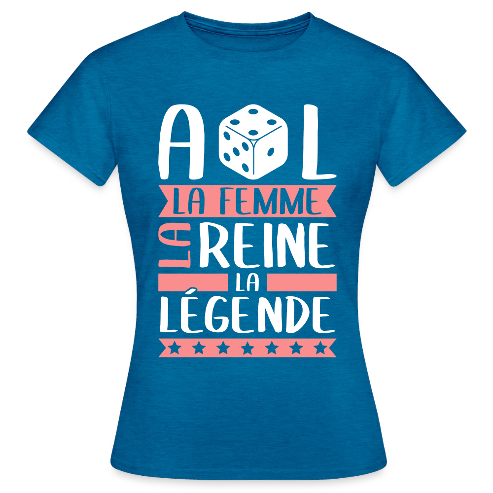 T-shirt femme Adèle rébus – La femme, la reine, la légende - bleu saphir antique chiné