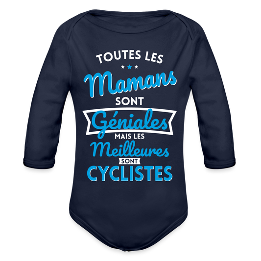 Body Bébé bio manches longues - Mamans géniales - Les meilleures sont cyclistes - marine foncé