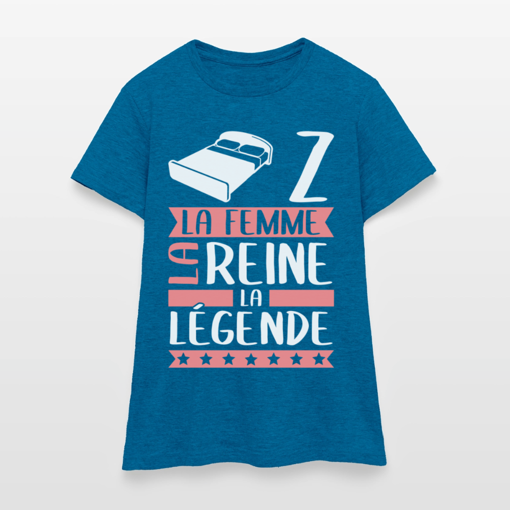 T-shirt femme Lise rébus – La femme, la reine, la légende - bleu saphir antique chiné