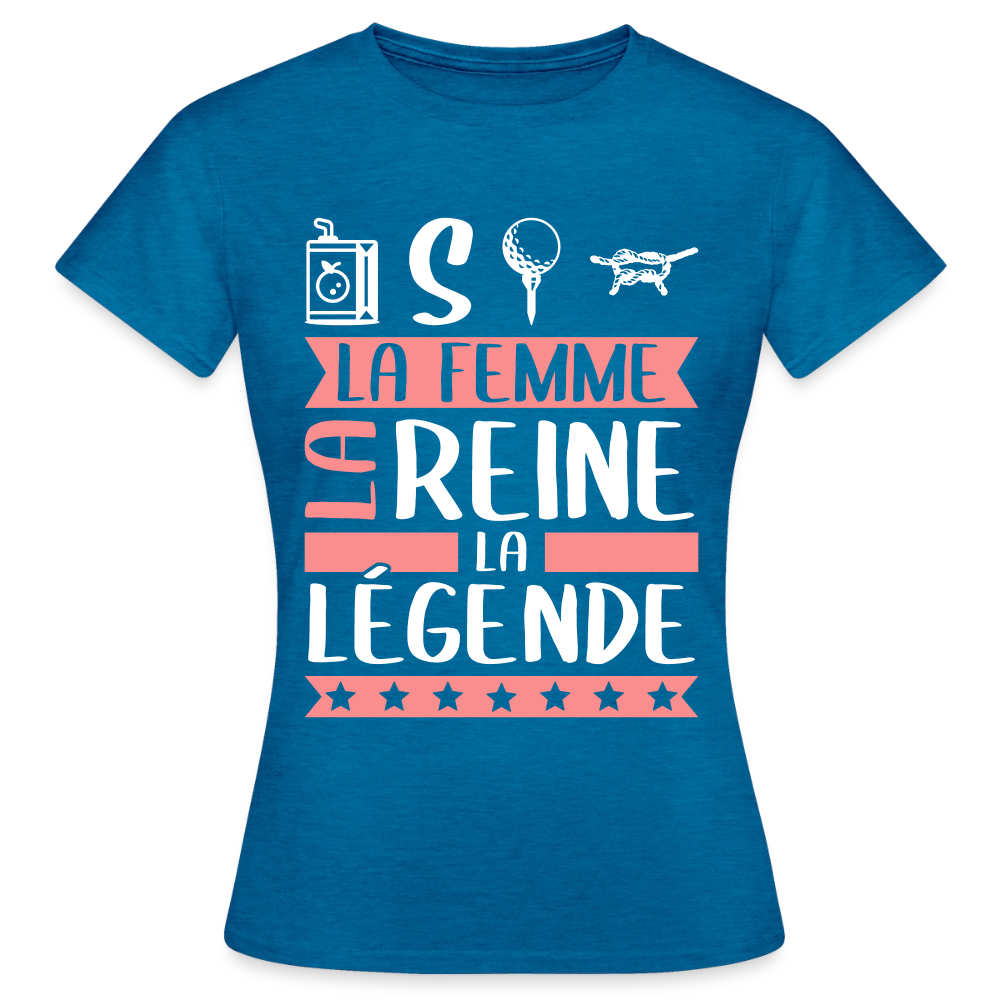 T-shirt femme Justine rébus – La femme, la reine, la légende - bleu saphir antique chiné