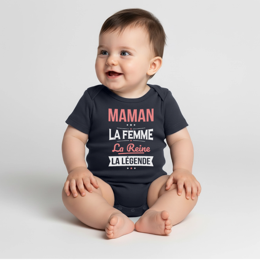 Body bébé bio manches courtes motif rose - Maman, femme, reine, légende - bleu marine