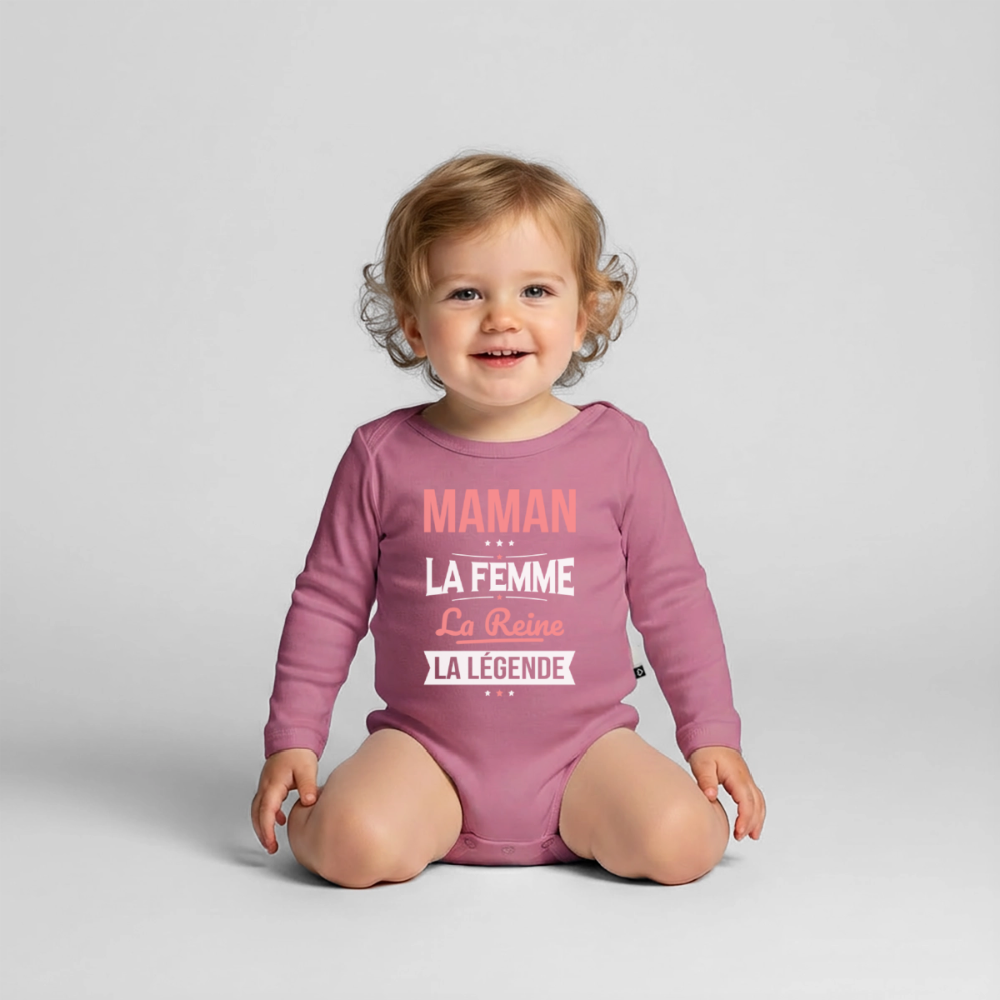 Body bébé bio manches longues motif rose - Maman, femme, reine, légende - mauve