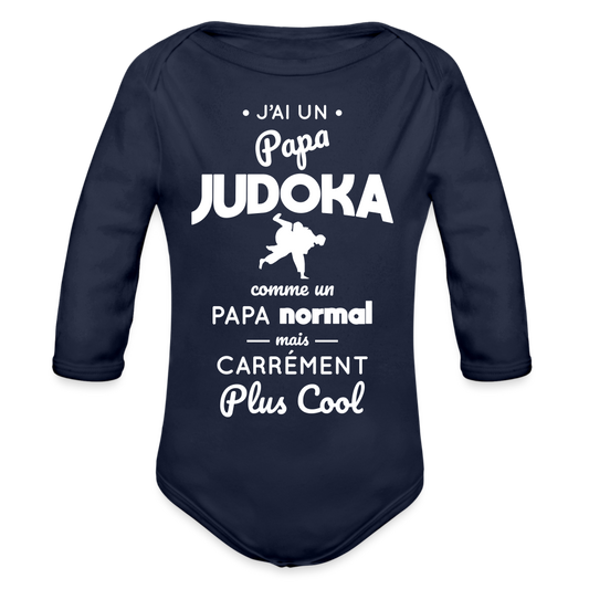 Body Bébé bio manches longues - J'ai un papa judoka - marine foncé