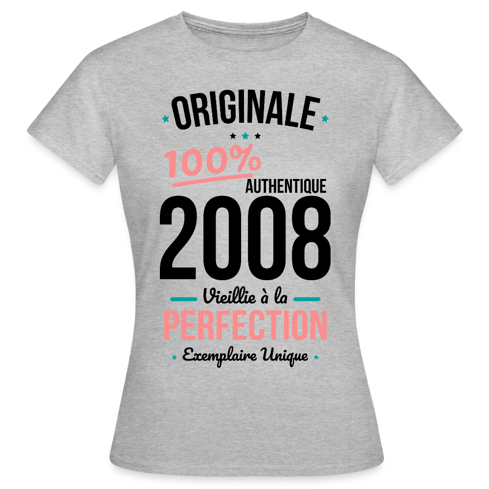 T-shirt anniversaire 18 ans Femme coloris clair – Originale 2008 Authentique - gris chiné