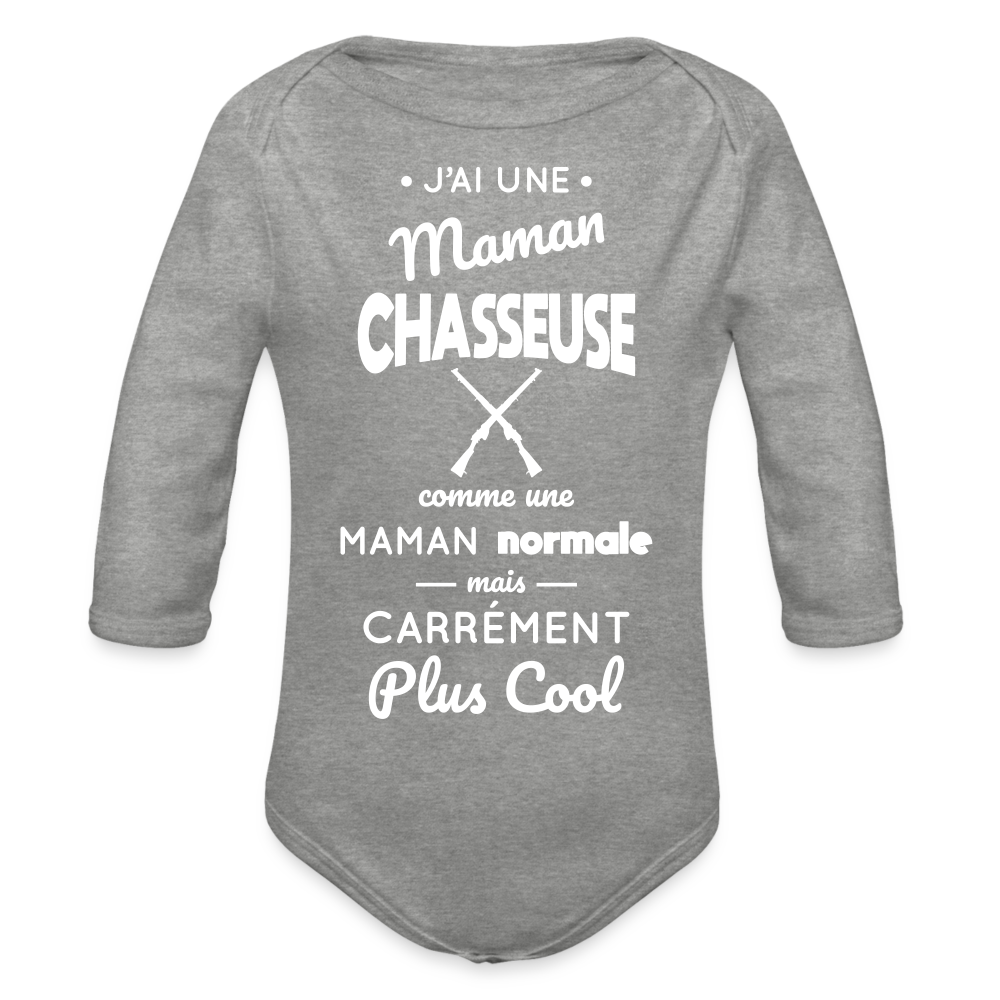 Body Bébé bio manches longues - J'ai une maman chasseuse - gris chiné