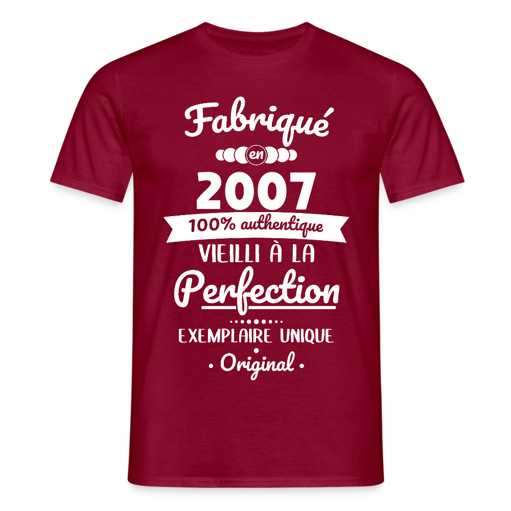 T-shirt Homme - Anniversaire 18 Ans - Fabriqué en 2007 - rouge brique