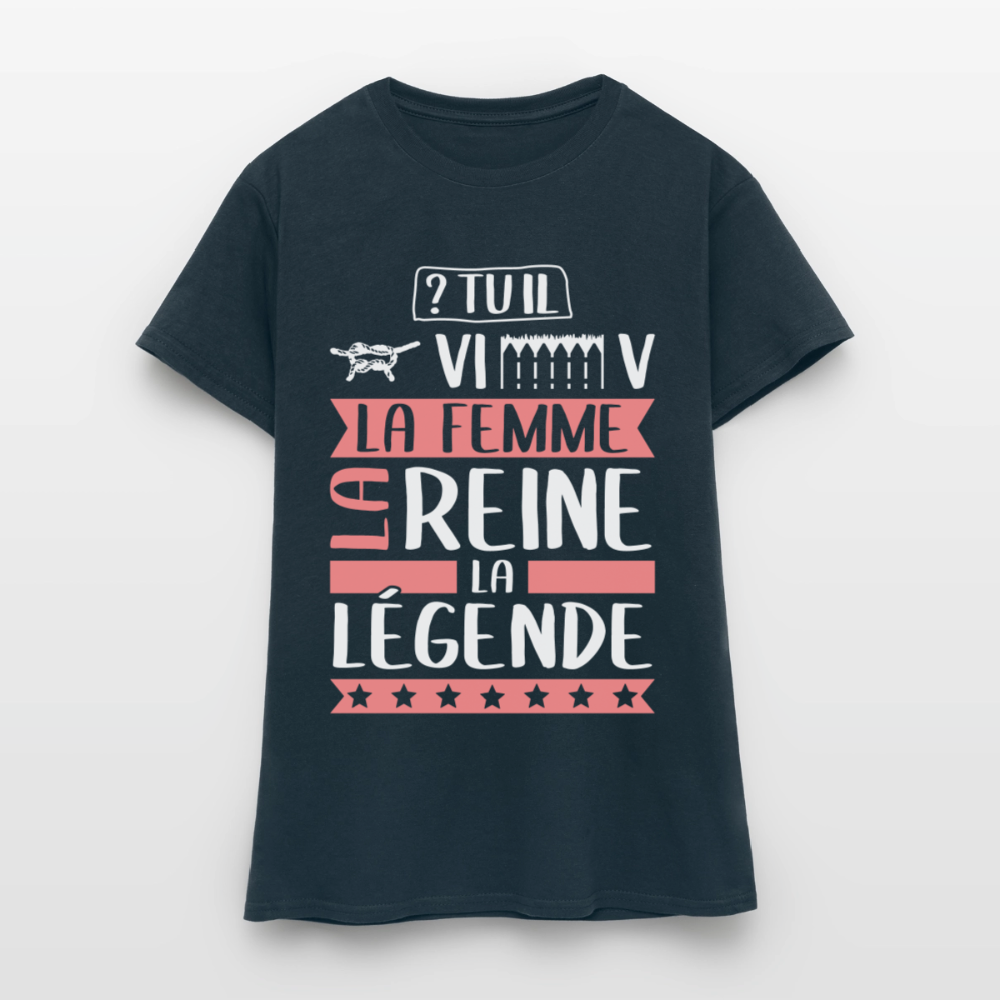 T-shirt femme Geneviève rébus – La femme, la reine, la légende - marine