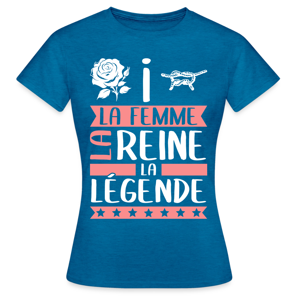 T-shirt femme Rosine rébus – La femme, la reine, la légende - bleu saphir antique chiné