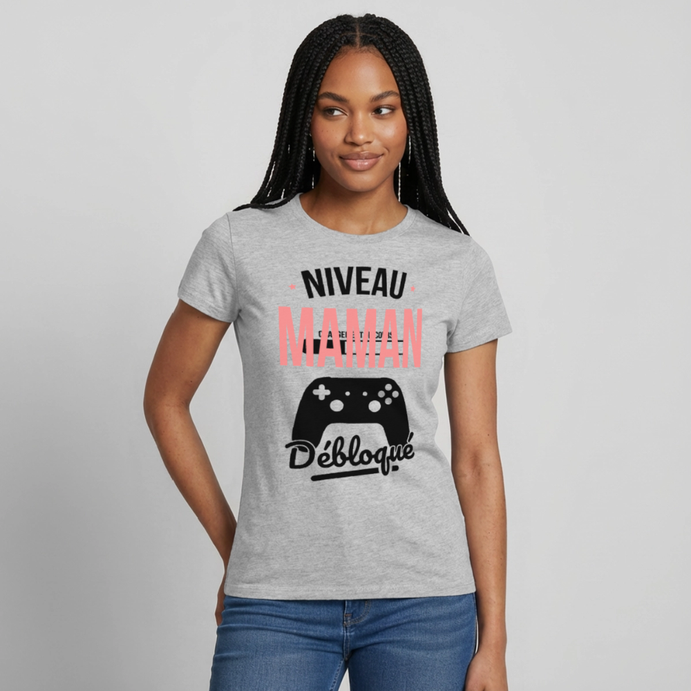 T-shirt femme coloris clair cadeau maman - Niveau maman débloqué - gris chiné