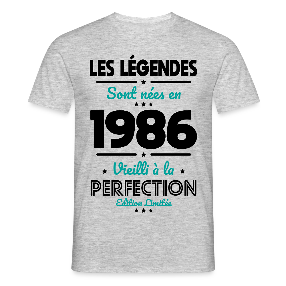 T-shirt anniversaire homme 40 ans couleur claire – Les légendes sont nées en 1986 - gris chiné