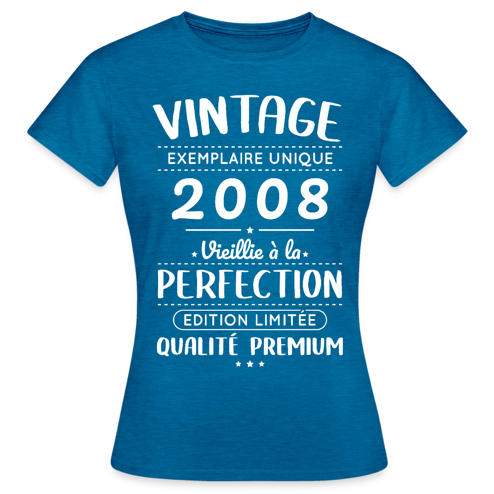 T-shirt anniversaire femme 18 ans – Vintage 2008 – Perfection - bleu saphir antique chiné